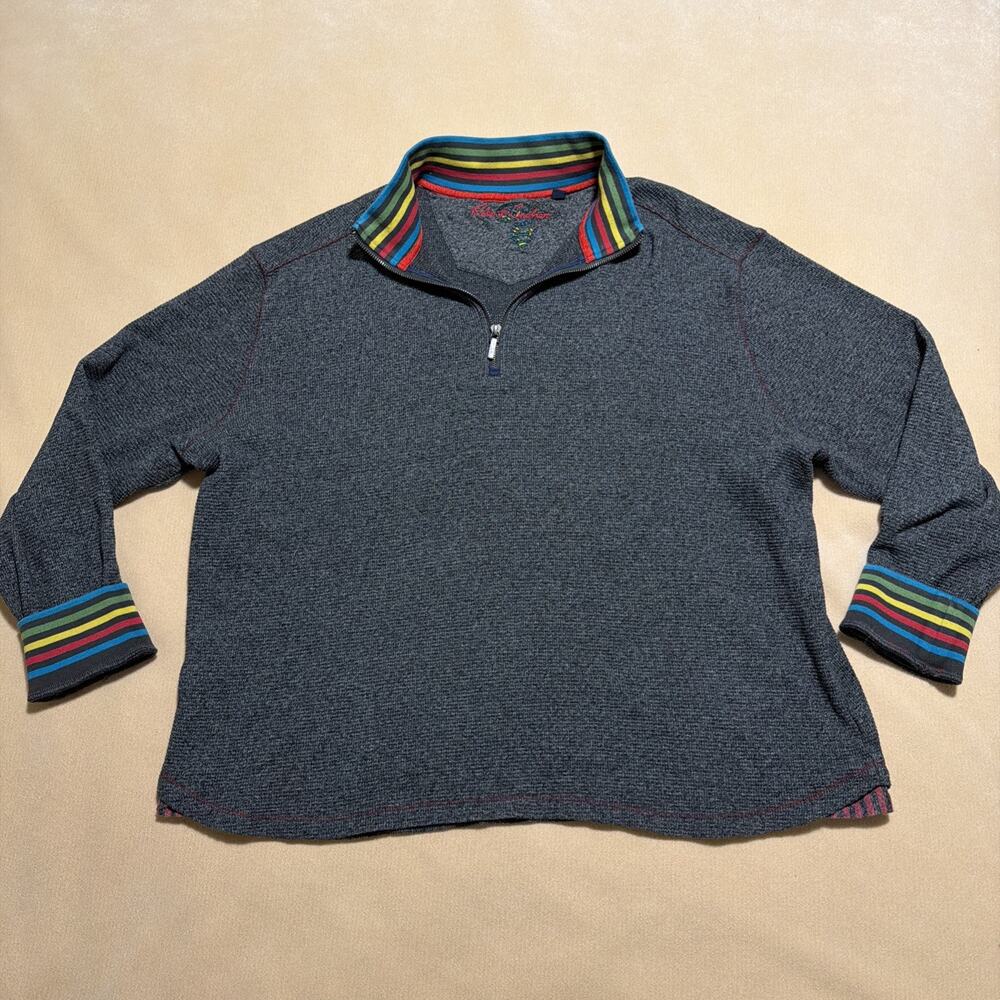 Robert Graham Pullover Mens 2 XL 1/4 Zip Sweater Rainbow Trim Cotton Gray